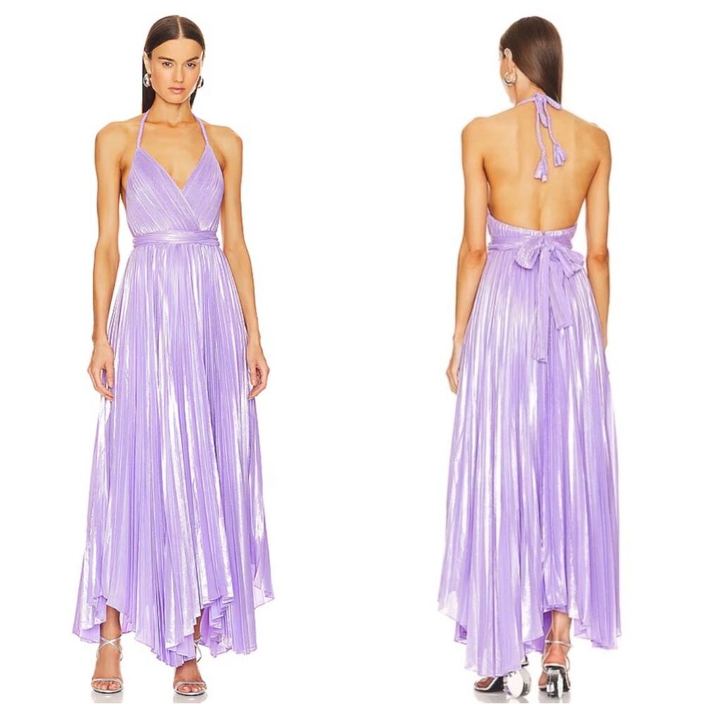 ALICE + OLIVIA Arista Pleated Belted Halterneck Purple Solstice Maxi Dress Sz 6